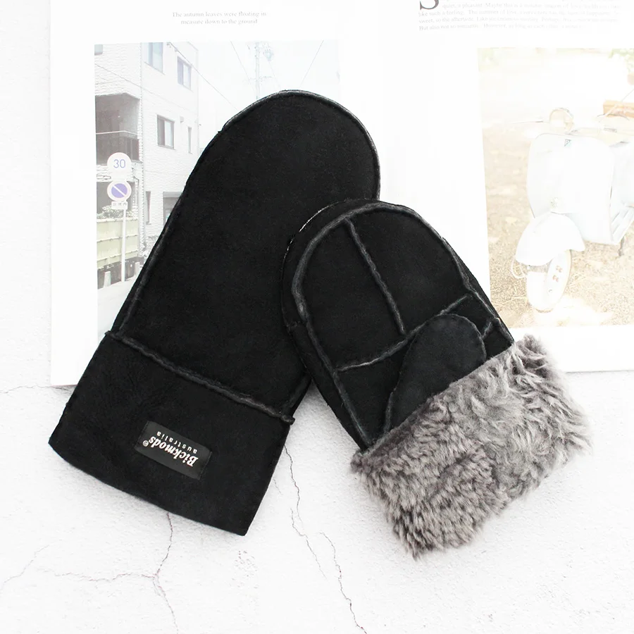 Men's Winter Warm Sheepskin Fur Mittens Thickened Windproof Cold-Proof Wool Lined Leather Gloves for Cold Weather Protection
