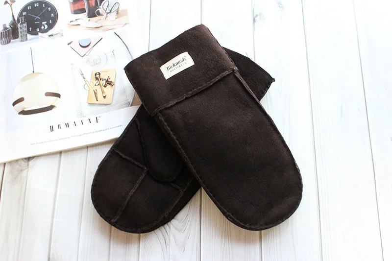 Men's Winter Warm Sheepskin Fur Mittens Thickened Windproof Cold-Proof Wool Lined Leather Gloves for Cold Weather Protection