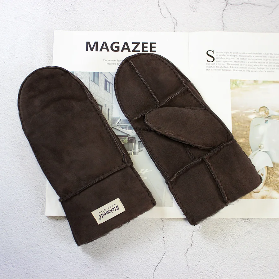 Men's Winter Warm Sheepskin Fur Mittens Thickened Windproof Cold-Proof Wool Lined Leather Gloves for Cold Weather Protection