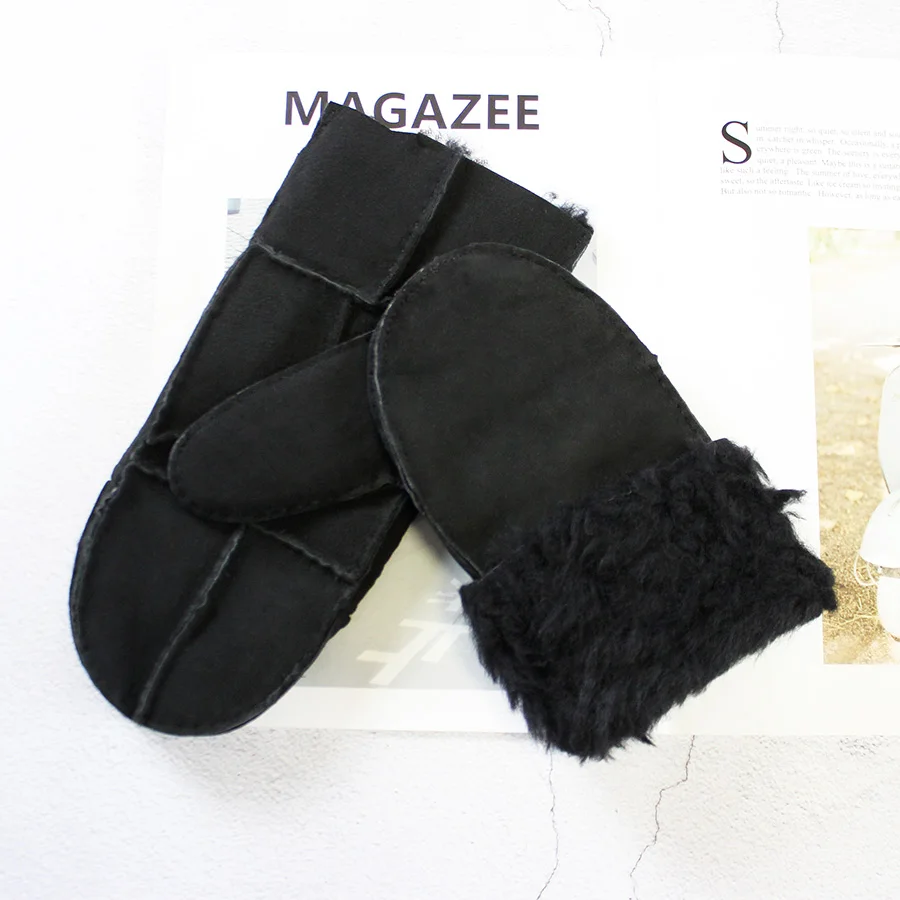 Men's Winter Warm Sheepskin Fur Mittens Thickened Windproof Cold-Proof Wool Lined Leather Gloves for Cold Weather Protection