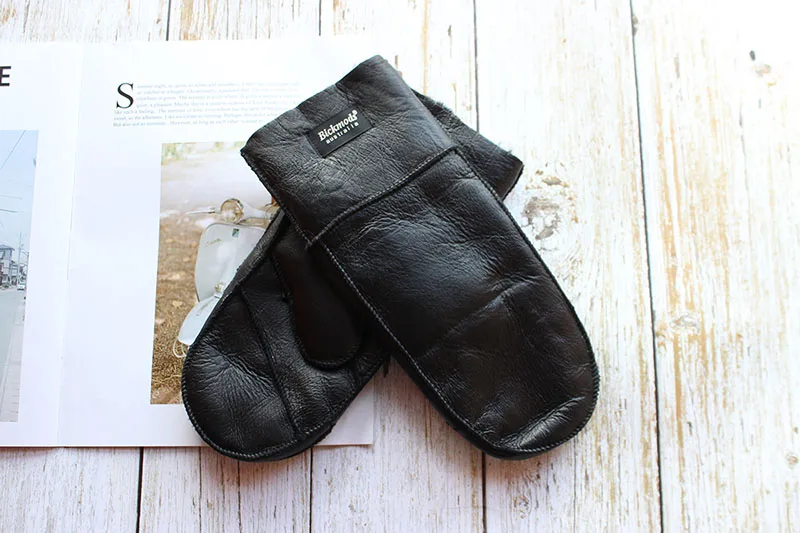 Men's Winter Warm Sheepskin Fur Mittens Thickened Windproof Cold-Proof Wool Lined Leather Gloves for Cold Weather Protection