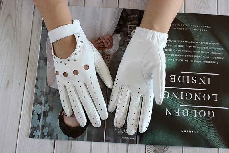 Summer Driving All Finger Leather Gloves Women's Sheepskin Unlined Fashion Hollow Out Style Outdoor Motorcycle Riding