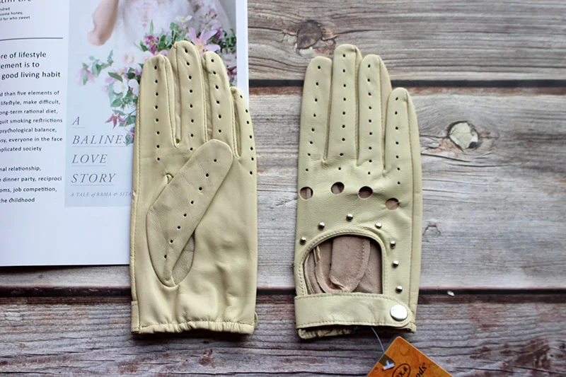 Summer Driving All Finger Leather Gloves Women's Sheepskin Unlined Fashion Hollow Out Style Outdoor Motorcycle Riding