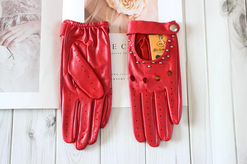 Summer Driving All Finger Leather Gloves Women's Sheepskin Unlined Fashion Hollow Out Style Outdoor Motorcycle Riding