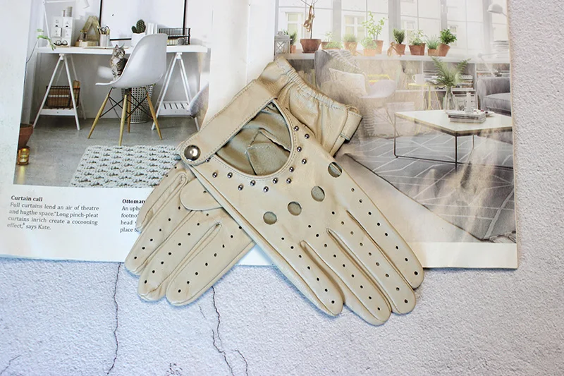 Summer Driving All Finger Leather Gloves Women's Sheepskin Unlined Fashion Hollow Out Style Outdoor Motorcycle Riding
