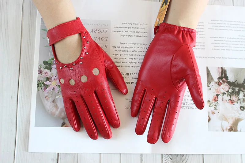 Summer Driving All Finger Leather Gloves Women's Sheepskin Unlined Fashion Hollow Out Style Outdoor Motorcycle Riding