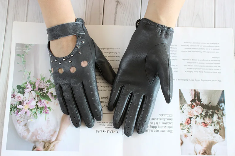 Summer Driving All Finger Leather Gloves Women's Sheepskin Unlined Fashion Hollow Out Style Outdoor Motorcycle Riding