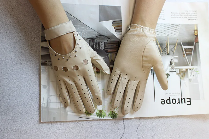 Summer Driving All Finger Leather Gloves Women's Sheepskin Unlined Fashion Hollow Out Style Outdoor Motorcycle Riding