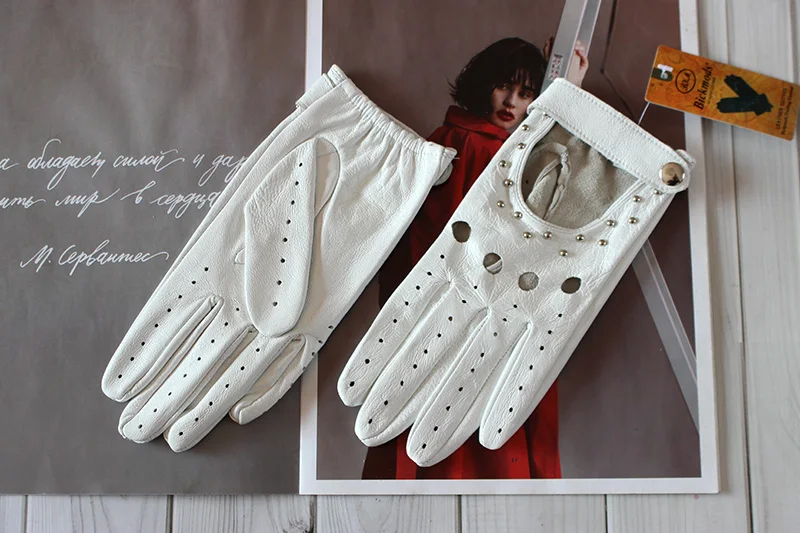 Summer Driving All Finger Leather Gloves Women's Sheepskin Unlined Fashion Hollow Out Style Outdoor Motorcycle Riding