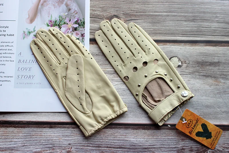 Summer Driving All Finger Leather Gloves Women's Sheepskin Unlined Fashion Hollow Out Style Outdoor Motorcycle Riding