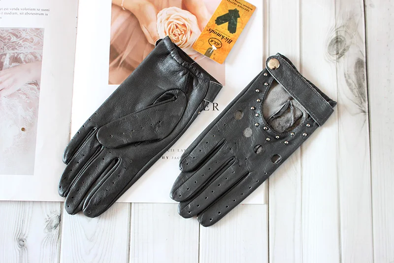 Summer Driving All Finger Leather Gloves Women's Sheepskin Unlined Fashion Hollow Out Style Outdoor Motorcycle Riding