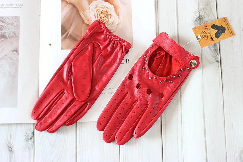 Summer Driving All Finger Leather Gloves Women's Sheepskin Unlined Fashion Hollow Out Style Outdoor Motorcycle Riding