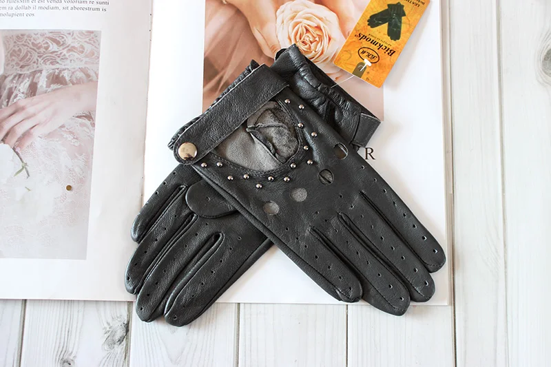 Summer Driving All Finger Leather Gloves Women's Sheepskin Unlined Fashion Hollow Out Style Outdoor Motorcycle Riding