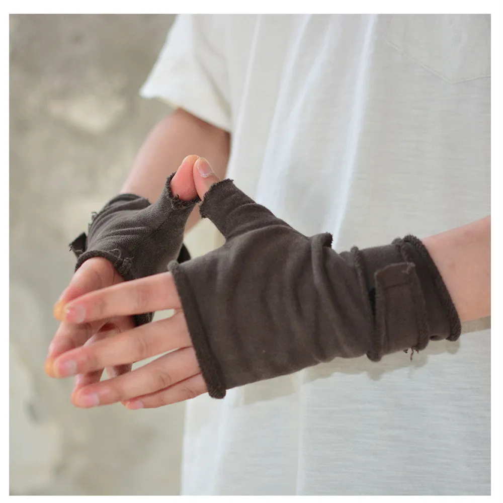 Rough Selvedge Design Vintage Punk Fingerless Gloves Man Woman Techwear Style Looped Fabric Pure Cotton Gloves Black Coffe Gray