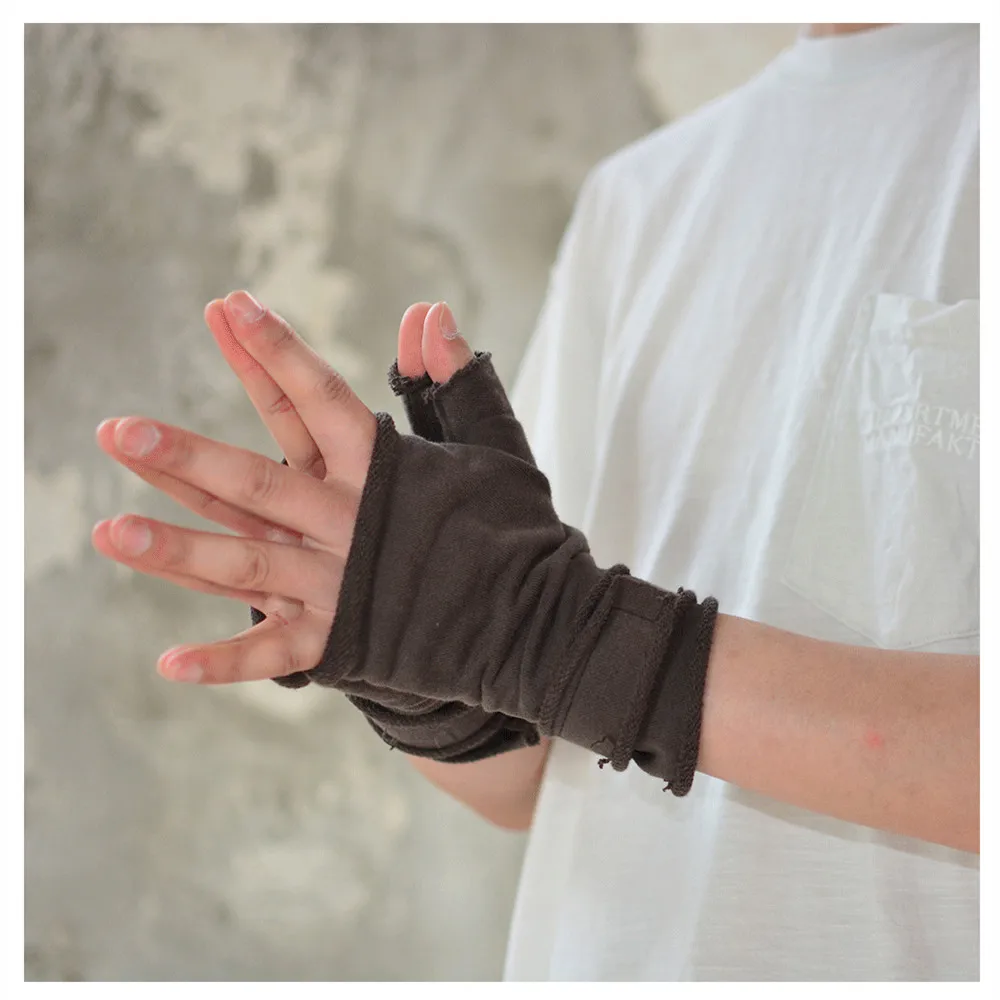 Rough Selvedge Design Vintage Punk Fingerless Gloves Man Woman Techwear Style Looped Fabric Pure Cotton Gloves Black Coffe Gray