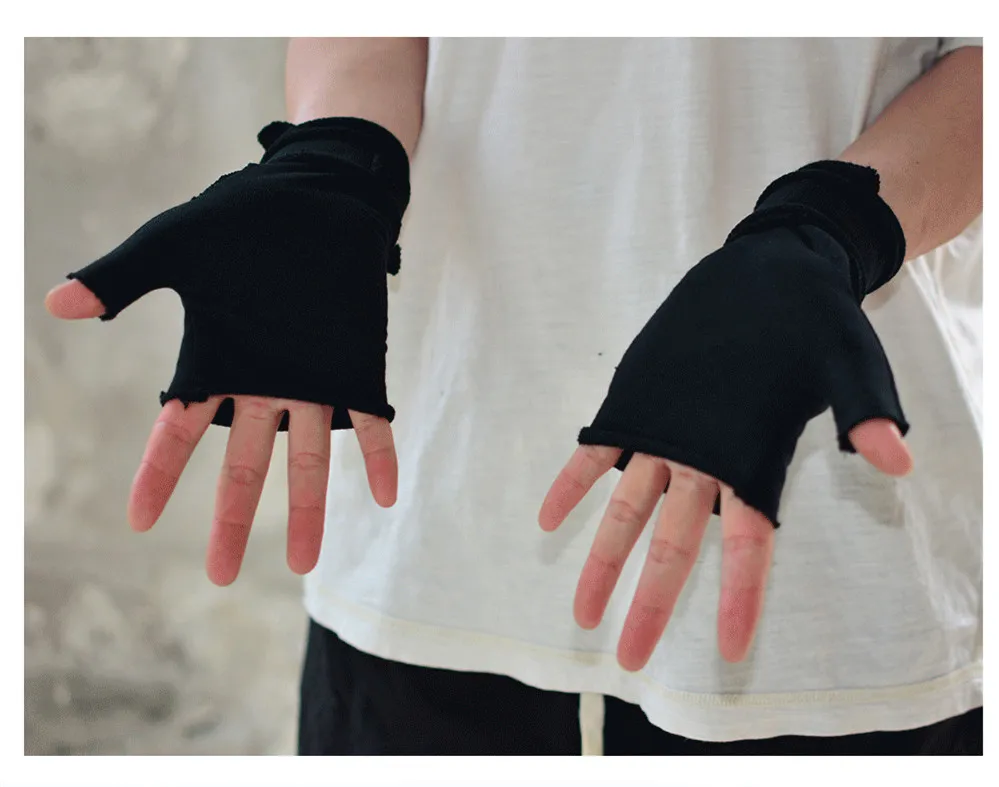 Rough Selvedge Design Vintage Punk Fingerless Gloves Man Woman Techwear Style Looped Fabric Pure Cotton Gloves Black Coffe Gray