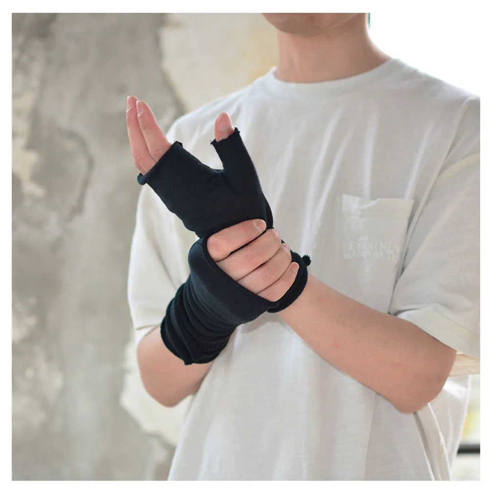 Rough Selvedge Design Vintage Punk Fingerless Gloves Man Woman Techwear Style Looped Fabric Pure Cotton Gloves Black Coffe Gray