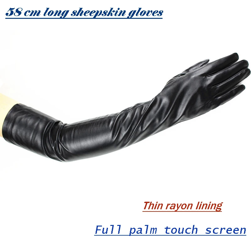 Long Sheepskin Gloves Women's Genuine Leather 58cm Length Sleeve Velvet Lining Keeps Warm in Autumn and Winter