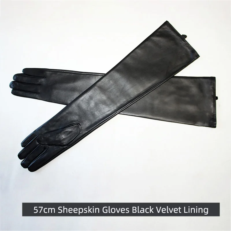 Long Sheepskin Gloves Women's Genuine Leather 58cm Length Sleeve Velvet Lining Keeps Warm in Autumn and Winter