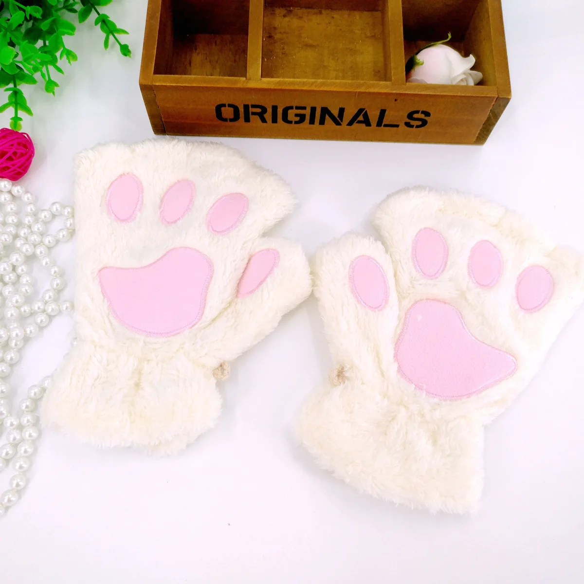 Rimiut Cartoon Cat Claw Gloves for Women Girls Thickened Plush Lovely Style Bear Paw Exposed Fingers Half Finger Winter Gloves