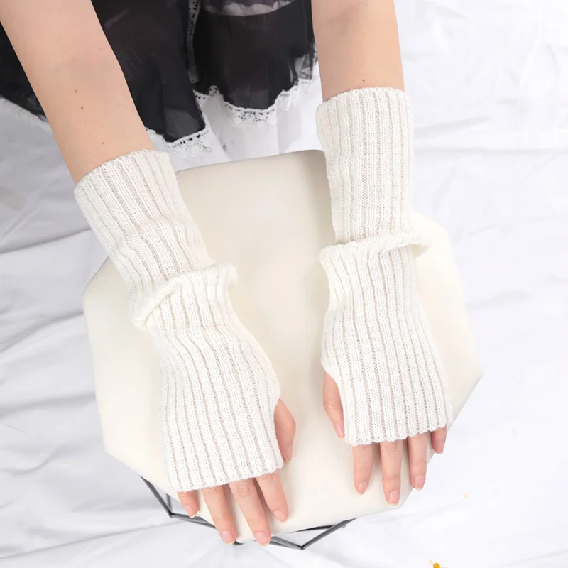 Female Y2K Fashion Arm Warmers Soft Knitted Gloves Women Girl Half Finger Mittens Solid Color Winter Arm Sleeves