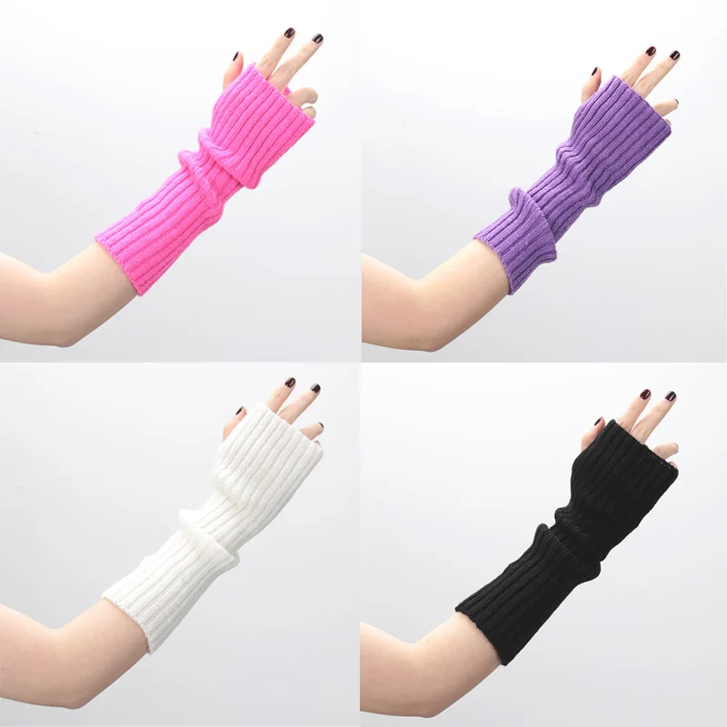 Female Y2K Fashion Arm Warmers Soft Knitted Gloves Women Girl Half Finger Mittens Solid Color Winter Arm Sleeves