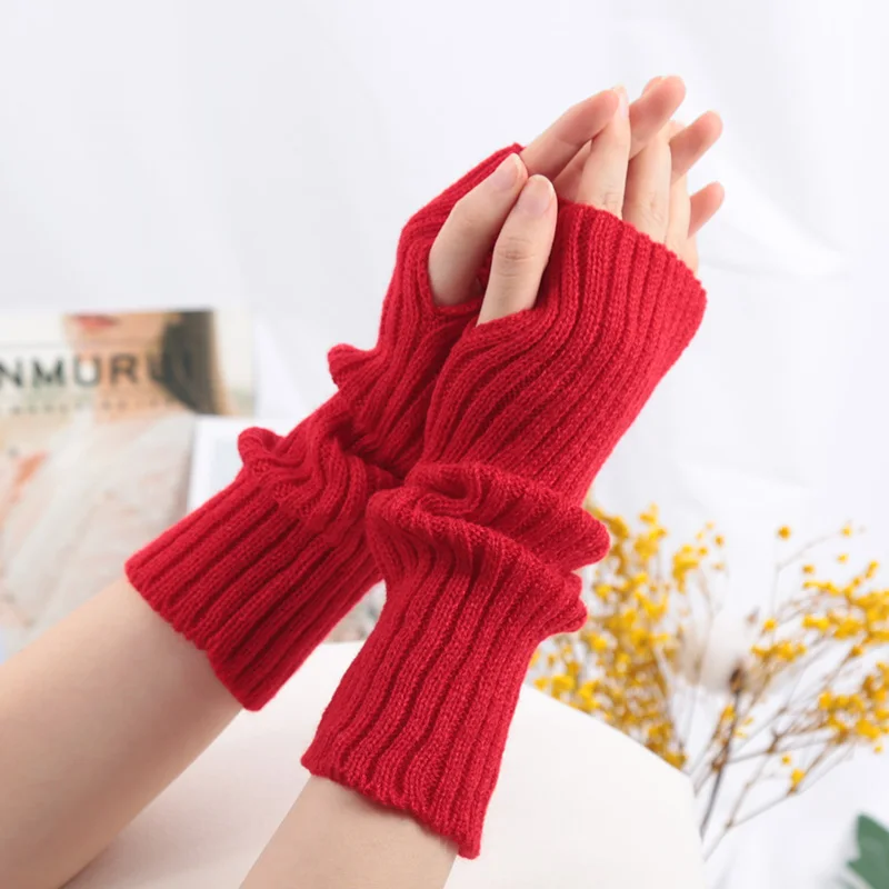 Female Y2K Fashion Arm Warmers Soft Knitted Gloves Women Girl Half Finger Mittens Solid Color Winter Arm Sleeves