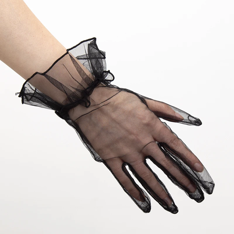 Women Black Lace Gloves Ultra Thin Gloves Tulle Wedding Bride Dress Driving Mittens Sheer Transparent Sunscreen Vintage Glove
