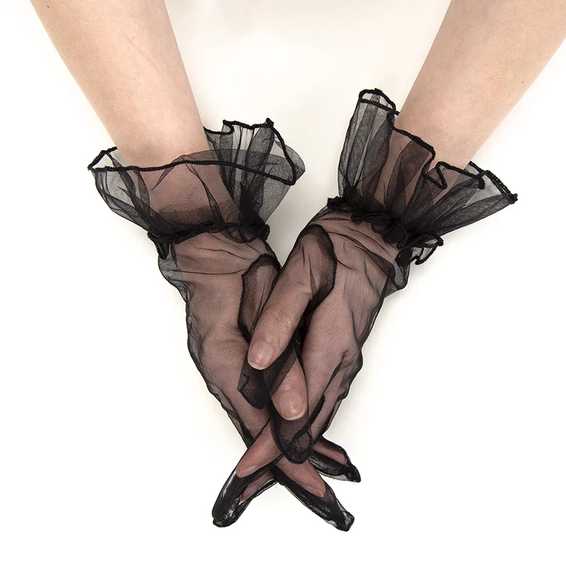 Women Black Lace Gloves Ultra Thin Gloves Tulle Wedding Bride Dress Driving Mittens Sheer Transparent Sunscreen Vintage Glove