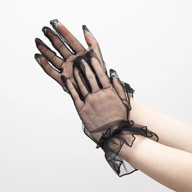 Women Black Lace Gloves Ultra Thin Gloves Tulle Wedding Bride Dress Driving Mittens Sheer Transparent Sunscreen Vintage Glove