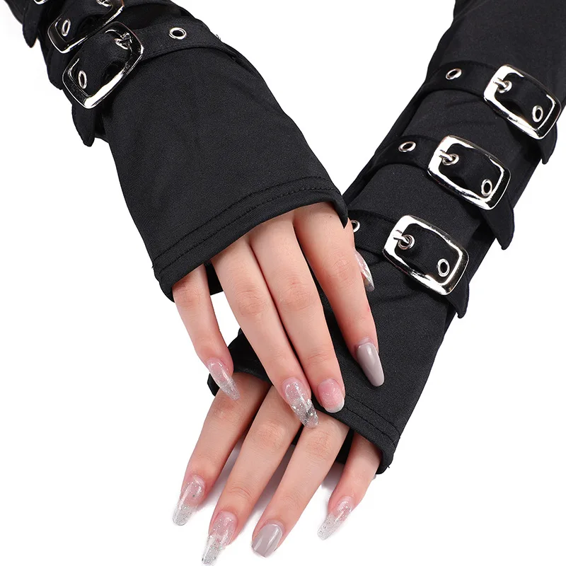Fashion Personality Buckle Straps Punk Style Women Spandex Fingerless Gloves Lolita Cosplay Stage Performances Street Dance