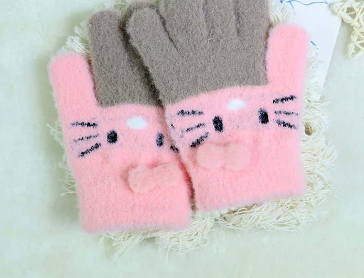 Winter Warm Woolen Gloves for 4-10 Years Old Cute Cartoon Cat Fingers Children's Color Block Gloves