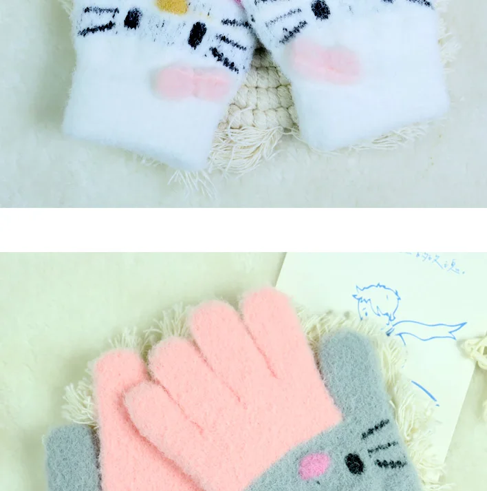 Winter Warm Woolen Gloves for 4-10 Years Old Cute Cartoon Cat Fingers Children's Color Block Gloves
