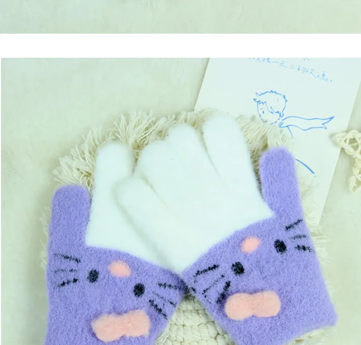 Winter Warm Woolen Gloves for 4-10 Years Old Cute Cartoon Cat Fingers Children's Color Block Gloves