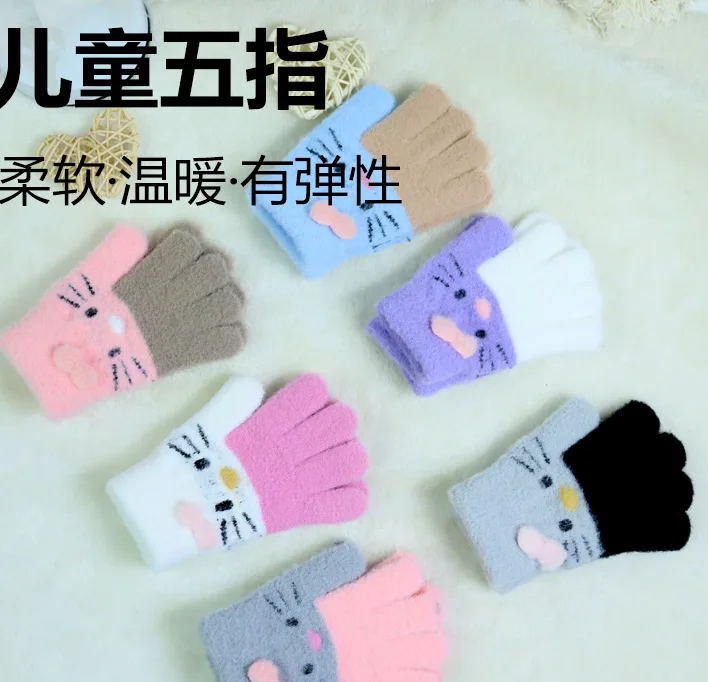 Winter Warm Woolen Gloves for 4-10 Years Old Cute Cartoon Cat Fingers Children's Color Block Gloves