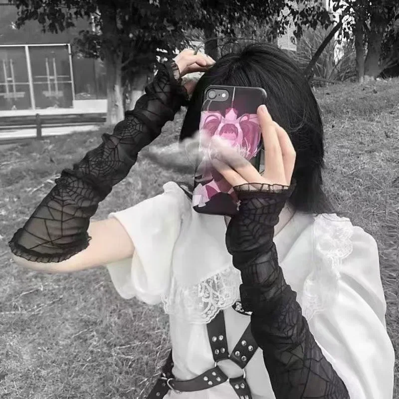 Gothic Lolita Girls Black Spider Web Cross Gloves Punk Harajuku Halloween Cosplay Women Half Finger Fingerless Lace Mesh Mittens