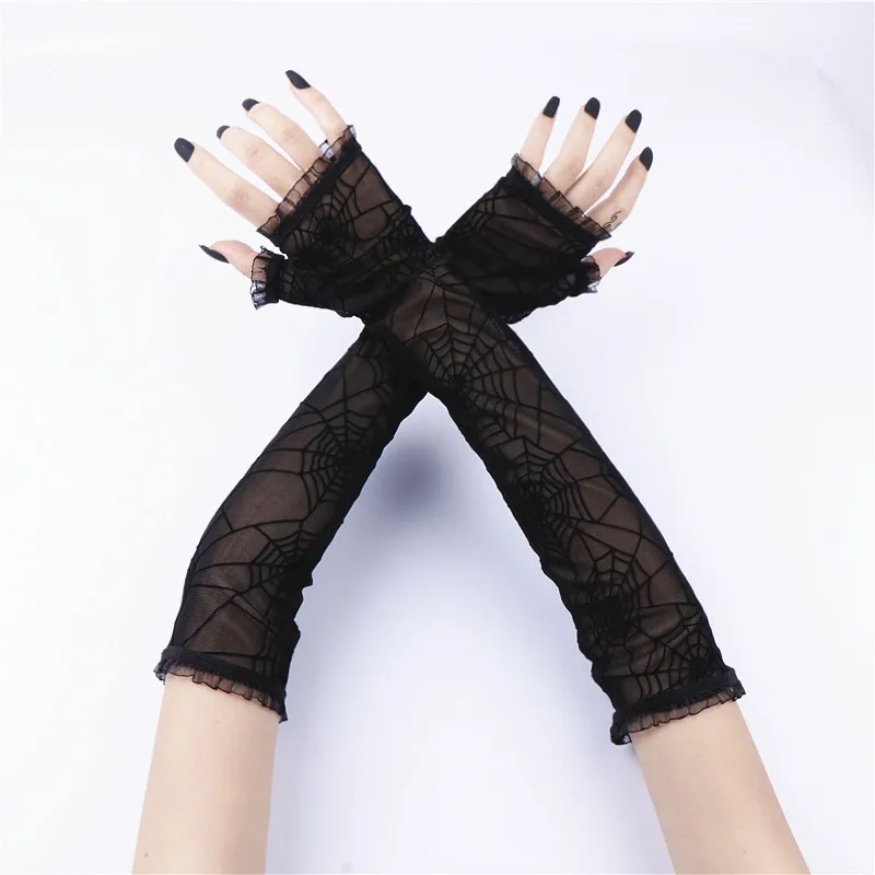 Gothic Lolita Girls Black Spider Web Cross Gloves Punk Harajuku Halloween Cosplay Women Half Finger Fingerless Lace Mesh Mittens