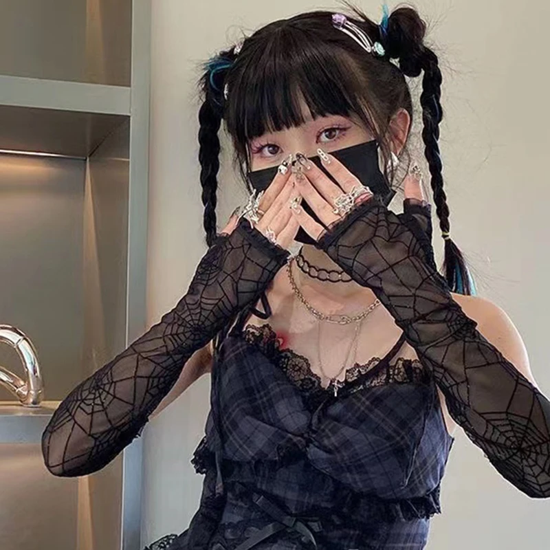 Gothic Lolita Girls Black Spider Web Cross Gloves Punk Harajuku Halloween Cosplay Women Half Finger Fingerless Lace Mesh Mittens