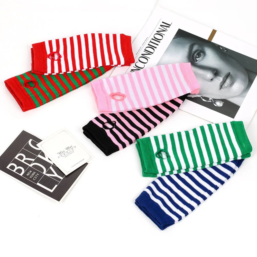 Y2K Punk Long Sleeves Gloves for Man Women Fingerless Stripe Hip-Hop Mittens Knitted Elbow Elastic Outdoor Warmer Arm Finger