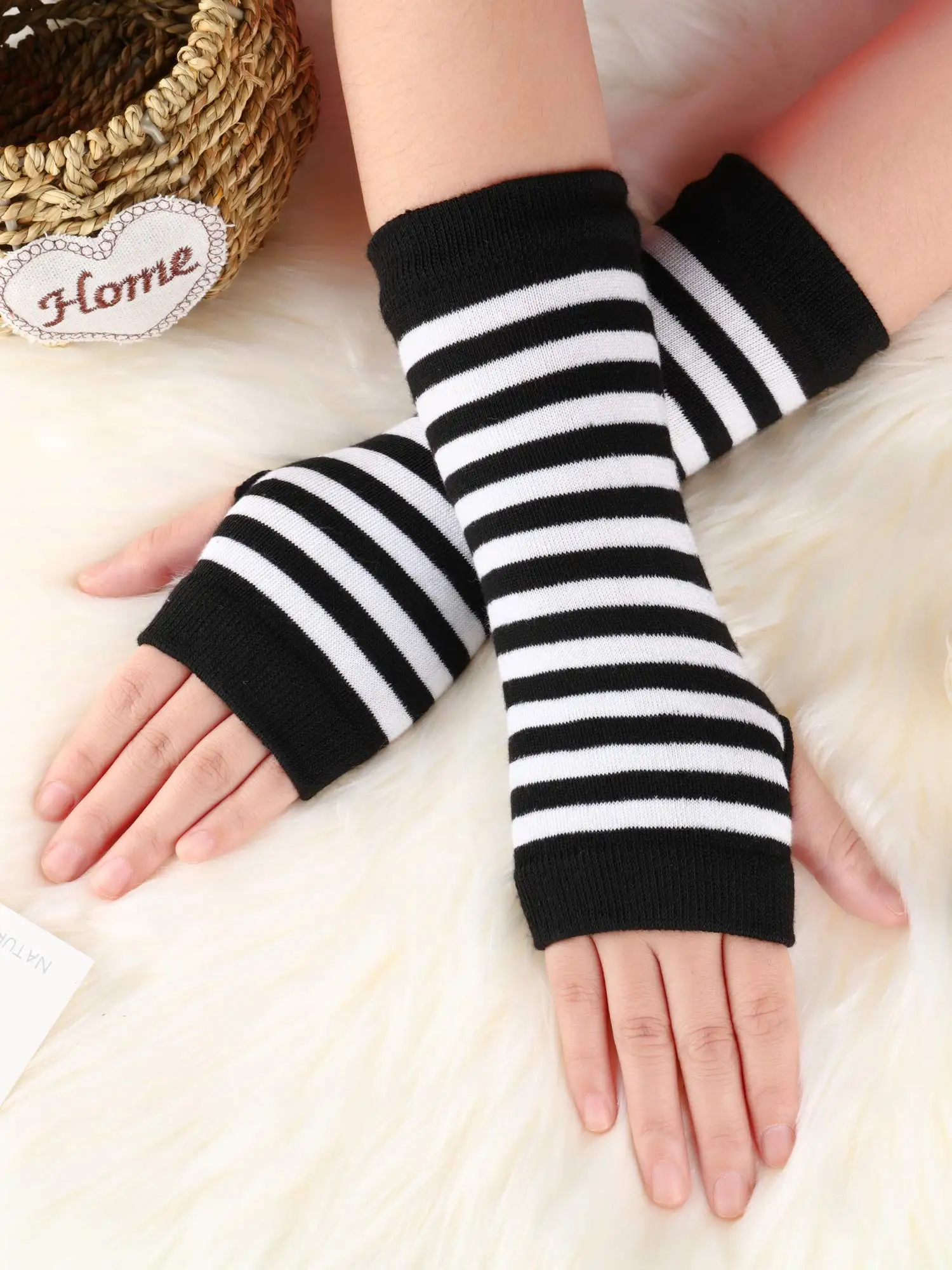 Y2K Punk Long Sleeves Gloves for Man Women Fingerless Stripe Hip-Hop Mittens Knitted Elbow Elastic Outdoor Warmer Arm Finger