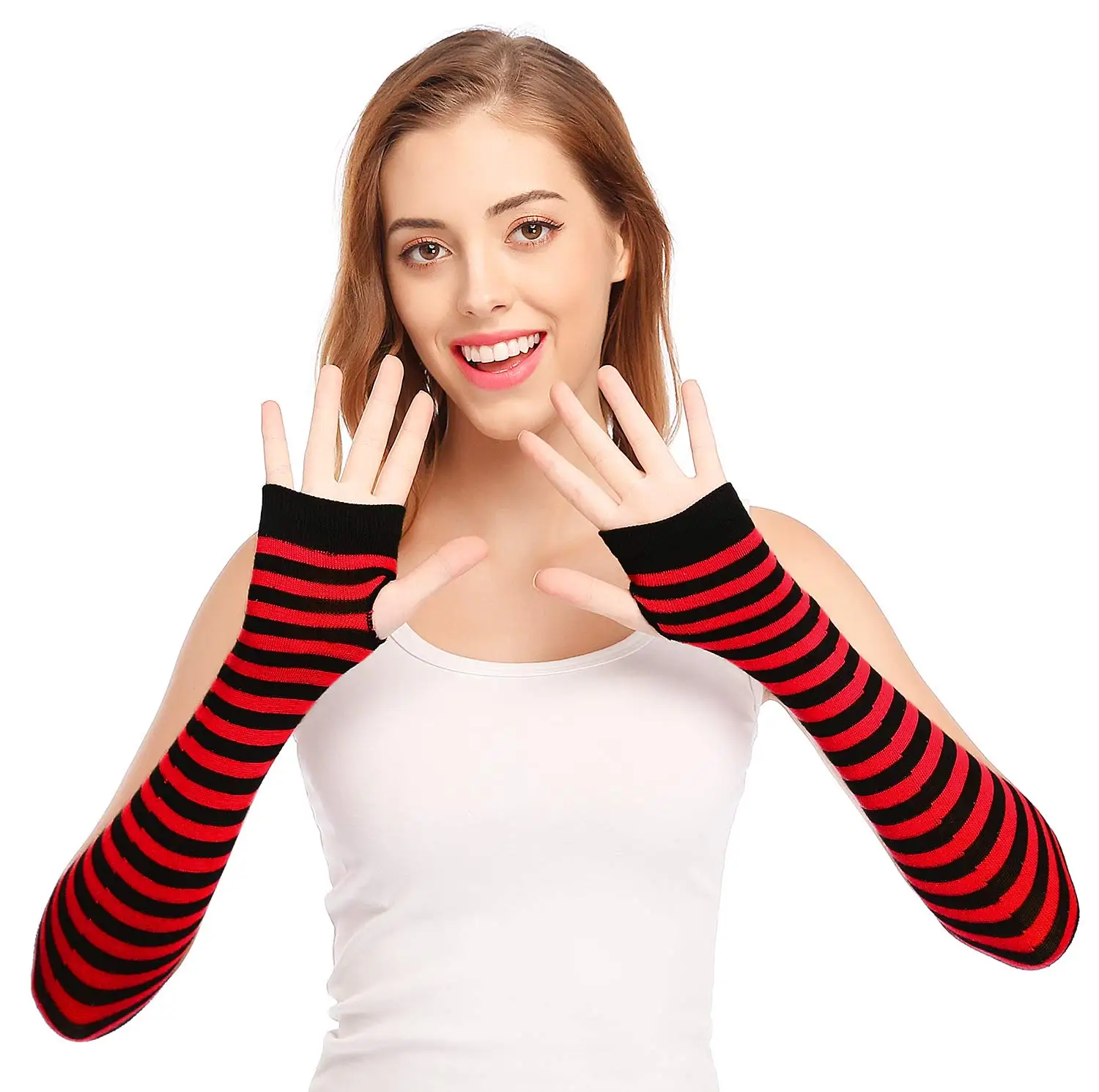 Y2K Punk Long Sleeves Gloves for Man Women Fingerless Stripe Hip-Hop Mittens Knitted Elbow Elastic Outdoor Warmer Arm Finger