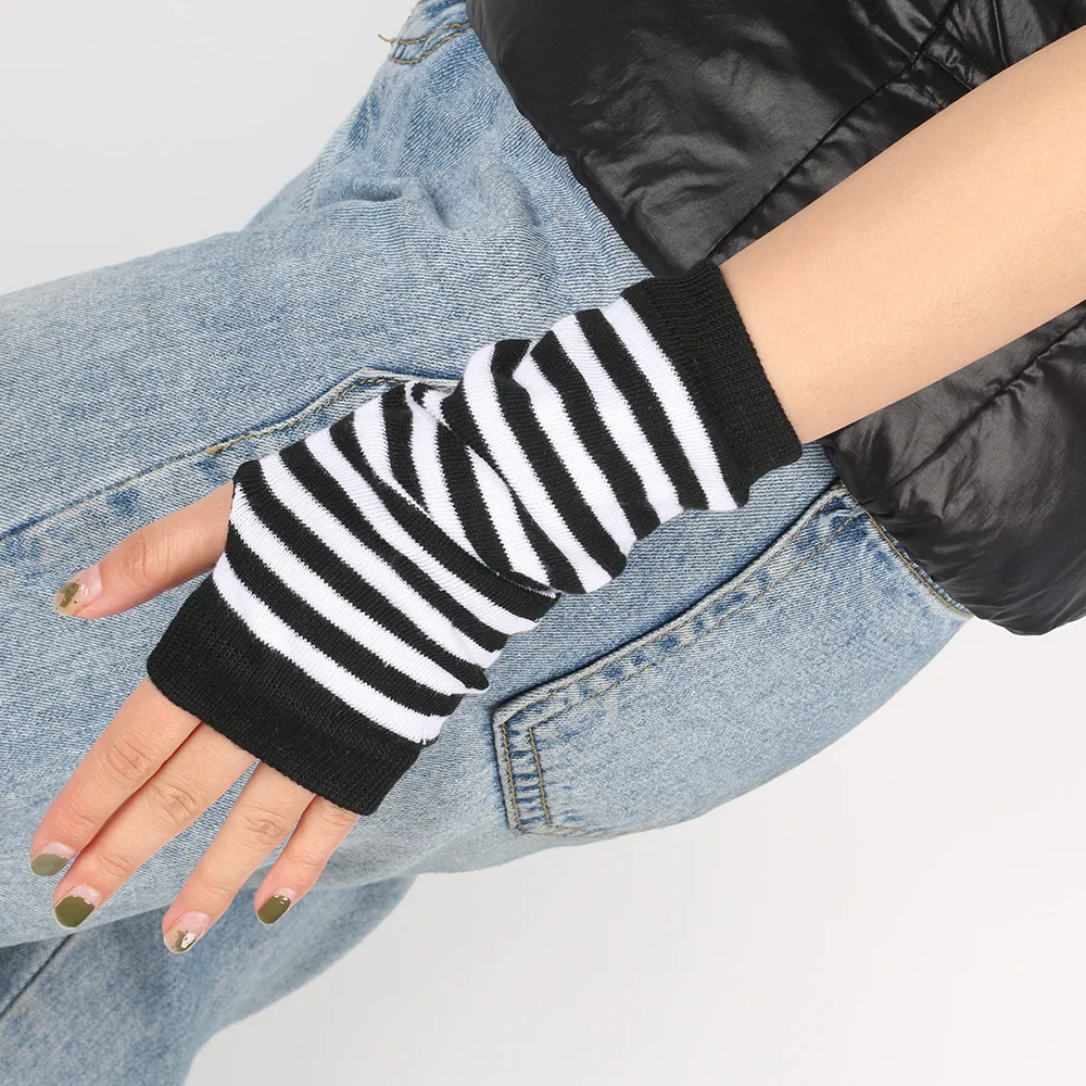 Y2K Punk Long Sleeves Gloves for Man Women Fingerless Stripe Hip-Hop Mittens Knitted Elbow Elastic Outdoor Warmer Arm Finger