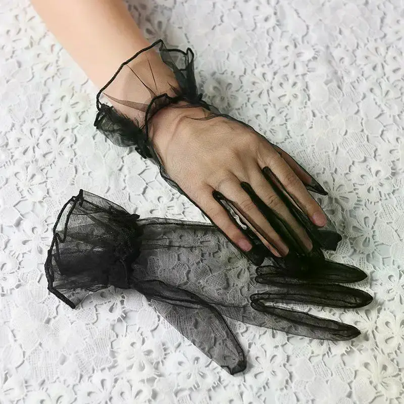 Women Short Tulle Gloves Sexy Lace Mittens Tulle Full Finger Gloves Lady Driving Glove Transparent Mittens Wedding Bridal Gloves