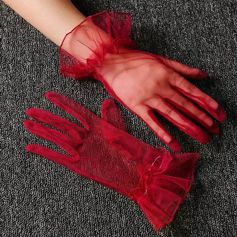 Women Short Tulle Gloves Sexy Lace Mittens Tulle Full Finger Gloves Lady Driving Glove Transparent Mittens Wedding Bridal Gloves