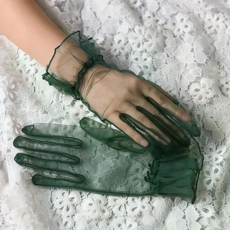 Women Short Tulle Gloves Sexy Lace Mittens Tulle Full Finger Gloves Lady Driving Glove Transparent Mittens Wedding Bridal Gloves