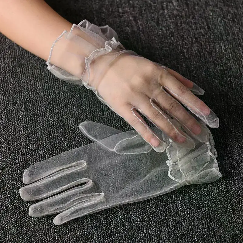 Women Short Tulle Gloves Sexy Lace Mittens Tulle Full Finger Gloves Lady Driving Glove Transparent Mittens Wedding Bridal Gloves