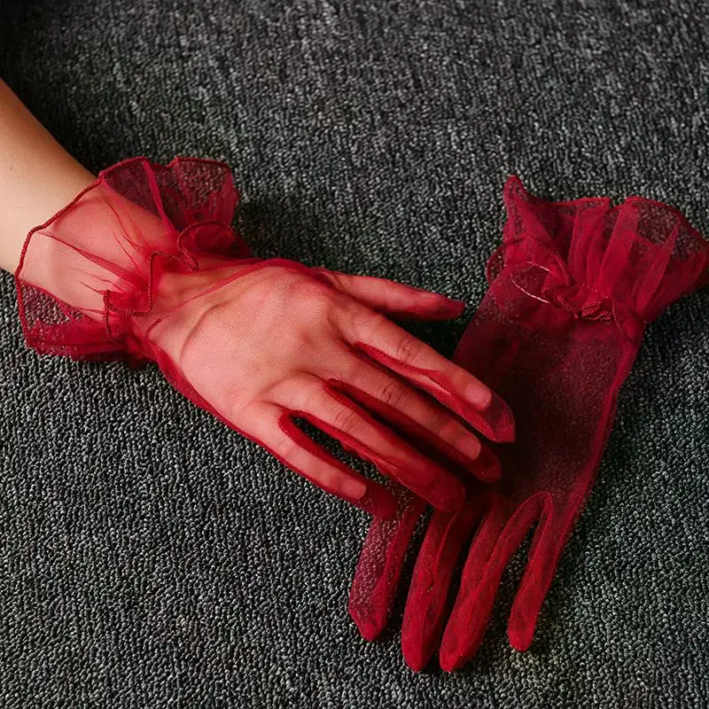 Women Short Tulle Gloves Sexy Lace Mittens Tulle Full Finger Gloves Lady Driving Glove Transparent Mittens Wedding Bridal Gloves