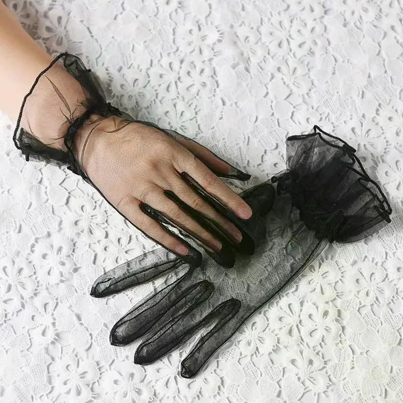 Women Short Tulle Gloves Sexy Lace Mittens Tulle Full Finger Gloves Lady Driving Glove Transparent Mittens Wedding Bridal Gloves