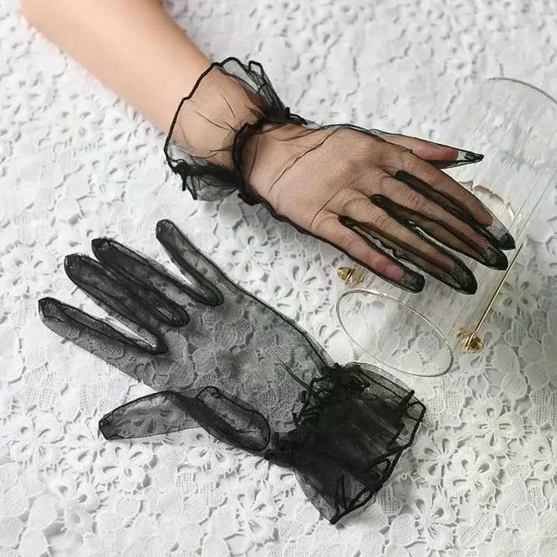 Women Short Tulle Gloves Sexy Lace Mittens Tulle Full Finger Gloves Lady Driving Glove Transparent Mittens Wedding Bridal Gloves