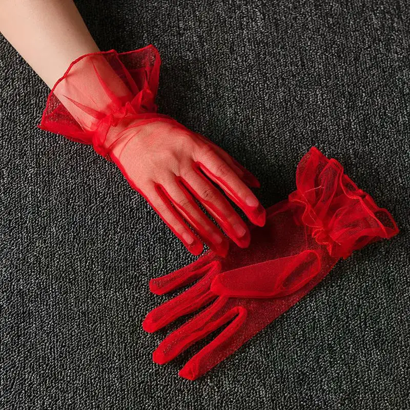 Women Short Tulle Gloves Sexy Lace Mittens Tulle Full Finger Gloves Lady Driving Glove Transparent Mittens Wedding Bridal Gloves